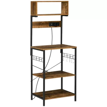 HOMCOM Raft de Bucatarie cu Prize Mutiple, Dulap Bucatarie pentru Microunde cu Rafturi si Manere din Sarma Stil Industrial, 90x42x130cm, Maro imagine