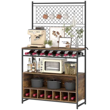 HOMCOM Raft de bucatarie cu suprafata de lucru, panouri de grilaj metalic, 5 carlige, dulap de bucatarie pentru condimente, oale, tigai, maro | Aosom Romania imagine