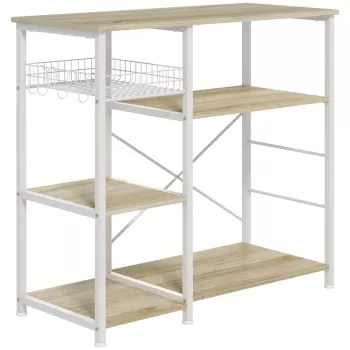 HOMCOM Raft de Bucatarie Cuptor cu Microunde, Dulap de Bucatarie cu 4 Rafturi cu Carlige si Cos Plasa, Lemn si Otel imagine