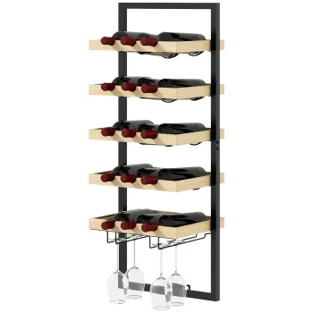 HOMCOM Raft de Perete pentru Sticle din Lemn si Otel, Suport pentru 15 Sticle de Vin si 4 pahare, 35x25x86 cm, Natural | Aosom Romania imagine