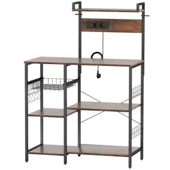 HOMCOM Raft pentru bucatarie, raft independent cu 2 prize, 5 carlige S, 5 polite, cos, bare in X, otel 90 x 42 x 130 cm | Aosom Romania imagine