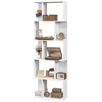 HOMCOM Raft pentru Carti cu 5 Rafturi Separate, Biblioteca in Forma de S din Lemn, 60x24x184,5 cm, Alb | Aosom Romania imagine