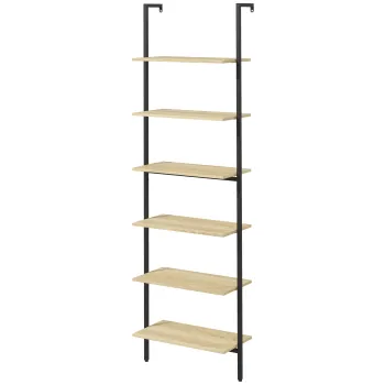 HOMCOM Raft tip scara montabil pe perete, biblioteca stil industrial cu 6 rafturi din otel negru si aspect de lemn natural dim. 60L x 30l x 206H cm | Aosom Romania imagine