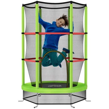 HOMCOM Saltea Elastica pentru Copii 3-6 Ani cu Plasa de Protectie, 6 Stalpi si 3 Intrari, O140x190 cm, Verde | Aosom Romania imagine