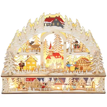 HOMCOM Sat de Craciun iluminat cu 20 LED, sat de Craciun animat in arc, functioneaza pe baterii, 45 x 10 x 35 cm, lemn natural | Aosom Romania imagine