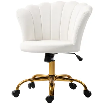 HOMCOM Scaun birou din catifea, scaun coafeza cu spatar in forma de petala, inaltime reglabila, 69 x 64 x 80-90 cm, alb | Aosom Romania imagine