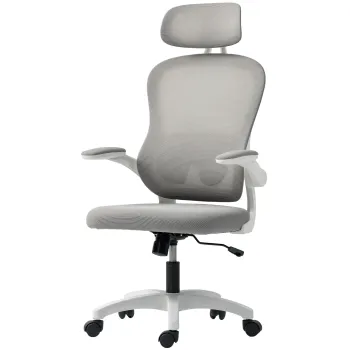 HOMCOM Scaun birou ergonomic cu spatar din plasa, reglabil pe inaltime, cotiere rabatabile, 5 roti, functie balans, Gri | Aosom Romania imagine