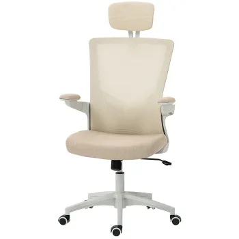 HOMCOM Scaun birou ergonomic, scaun de birou, cotiere rabatabile, suport lombar, tetiera, 60x63x120cm, bej | Aosom Romania imagine