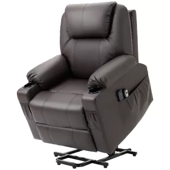 HOMCOM Scaun cu ridicare electric pentru varstnici cu masaj, din piele PU rezistenta cu telecomanda, buzunare laterale, maro imagine