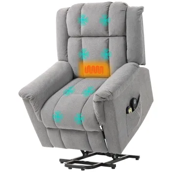 HOMCOM Scaun cu ridicare electrica, fotoliu de masaj cu functie de incalzire, fotoliu tapitat cu suport pentru picioare, buzunar lateral, husa de chenila, Gri inchis | Aosom Romania imagine
