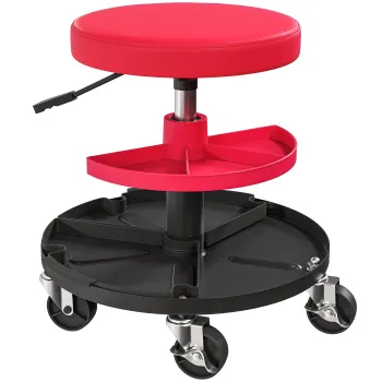 HOMCOM Scaun de atelier cu roti de 6 cm, Capacitate pana la 135 kg, Inaltime reglabila 40-51 cm, cu tavi pentru scule, Rosu | Aosom Romania imagine