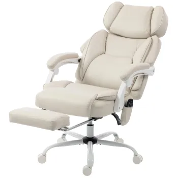 HOMCOM Scaun de birou cu spatar inalt cu masaj prin vibratii si incalzire, ergonomic, rabatabil, cu suport pentru picioare, alb crem | Aosom Romania imagine
