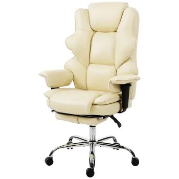 HOMCOM Scaun de birou cu suport pentru picioare si tetiera, din piele PU, spuma si metal, 76x73x117-125 cm, crem | Aosom Romania imagine