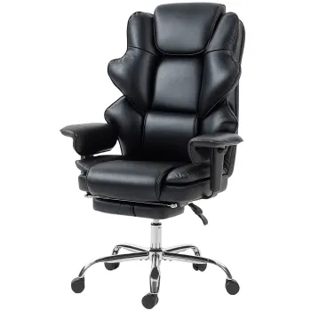 HOMCOM Scaun de birou cu suport pentru picioare si tetiera, din piele PU, spuma si metal, 76x73x117-125 cm, negru | Aosom Romania imagine