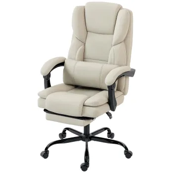 HOMCOM Scaun de birou cu tapiterie din piele ecologica prietenoasa cu animalele, suport pentru picioare, reglabil pe inaltime, pe roti, Bej | Aosom Romania imagine