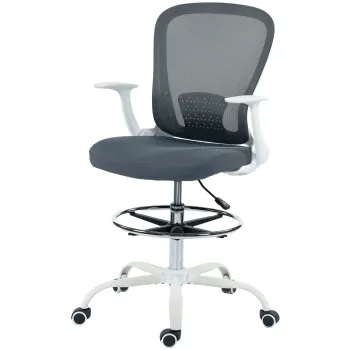 HOMCOM Scaun de birou ergonomic cu suport pentru picioare reglabil si brate rabatabile, inaltime reglabila, 59x62x99-119cm, gri | Aosom Romania imagine