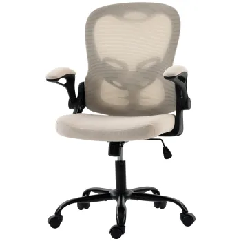 HOMCOM Scaun de birou ergonomic, fotoliu de birou din plasa, cotiere rabatabile, inaltime reglabila, functie balans, bej | Aosom Romania imagine