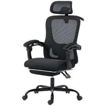 HOMCOM Scaun de birou ergonomic, fotoliu din plasa cu tetiera reglabila, suport lombar, 64x64x124cm, negru | Aosom Romania imagine