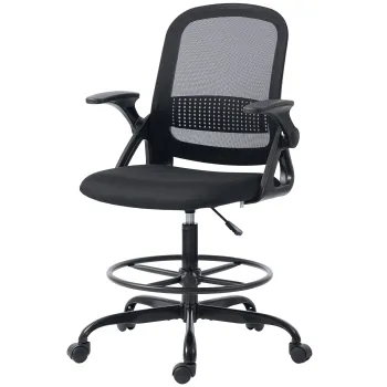 HOMCOM Scaun de Birou Ergonomic, Scaun Rotativ din Plasa, Inaltime Reglabila si Suport pentru Picioare, Scaun de Birou cu Suport Lombar si Brate Rabatabile, Capacitate 120kg, Negru | Aosom Romania imagine