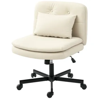 HOMCOM Scaun de birou fara brate cu piele ecologica, scaun de birou cu roti, perna suplimentara, reglabil in inaltime, rotativ, bej | Aosom Romania imagine