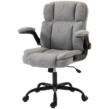 HOMCOM Scaun de Birou Rotativ cu Cotiere Rabatabile, Inaltime Reglabila, Tesatura cu Aspect de In, Gri | Aosom Romania imagine