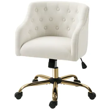 HOMCOM Scaun de birou tapitat, scaun pentru birou cu aspect de in, picioare aurii, reglabil pe inaltime, Bej | Aosom Romania imagine