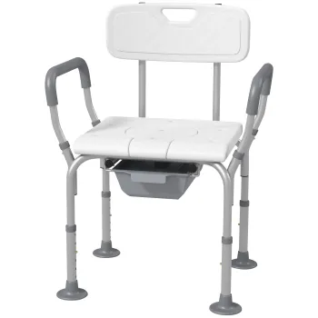 HOMCOM Scaun de Dus 3 in 1 cu Spatar si Brate, Toaleta langa Pat cu Inaltime Reglabila, Scaun de Toaleta Ridicat cu Placuta de Picior pentru Seniori, Femei Insarcinate, Persoane cu Dizabilitati, Alb imagine