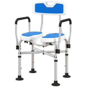 HOMCOM Scaun de Dus cu Spatar, Brate, Sezut Canelatat, Bare de Ranforsare si Inaltime Reglabila, 53x41,5x78,5-91,5 cm, Albastru | Aosom Romania imagine