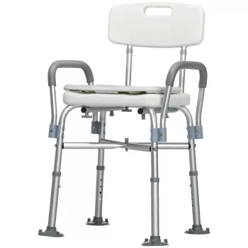 HOMCOM Scaun de Dus din Aluminiu cu Spatar si Brate, Scaun de Dus cu Inaltime Reglabila cu Perna Captusita Detasabila, Scaun de Baie pentru Persoane in Varsta, Persoane cu Dizabilitati, Gravide, Alb imagine
