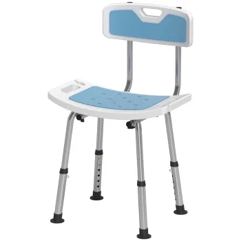 HOMCOM Scaun de Dus din Aluminiu si EVA, Reglabil pe 6 Niveluri, cu Spatar Curbat, 51,5x49,5x68,5-81 cm, Albastru Deschis si Alb | Aosom Romania imagine