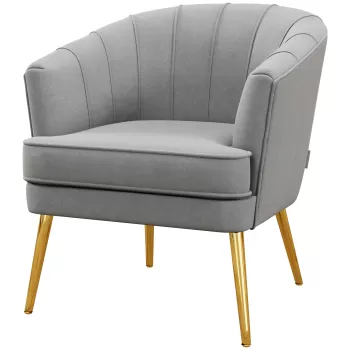 HOMCOM Scaun de Efect din Material Textil, Fotoliu din Catifea, Fotoliu Modern pentru Camera de Zi cu Picioare Metalice Aurii si Captuseala Groasa pentru Dormitor, Gri imagine