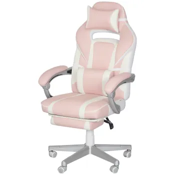 HOMCOM Scaun de gaming cu suport de picioare, perne pentru cap si lombar, rotativ, reglabil in inaltime, Roz | Aosom Romania imagine