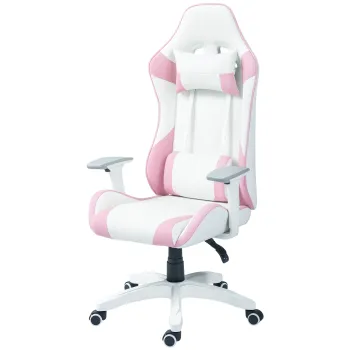 HOMCOM Scaun de Gaming, Design Curse, Inclinabil, Reglabil in Inaltime, Piele Ecologica, 67A x 60L x 120-128I cm, Roz/Alb | Aosom Romania imagine