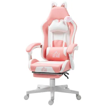 HOMCOM Scaun de Gaming Ergonomic cu Urechi de Pisica, Suport pentru Picioare si Suport Lombar, 65x62x116-124 cm, Roz | Aosom Romania imagine