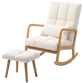 HOMCOM Scaun de lemn cu picior de lemn, husa de polar, spatar inalt, picioare din lemn, protectii pentru podea, alb | Aosom Romania imagine