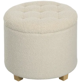 HOMCOM Scaun de picioare rotund cu spatiu de depozitare, capac si picioruse din lemn, scaun de picioare pentru living, hol, dormitor, Crem | Aosom Romania imagine