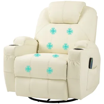 HOMCOM Scaun de relaxare cu functie de masaj, spatar ajustabil, baza rotativa, pana la 150 kg, piele ecologica, Crem | Aosom Romania imagine