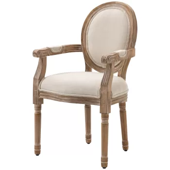 HOMCOM Scaun de Sufragerie din Lemn, Scaun Capitonat pentru Salon cu Brate in Stil Clasic cu Tapiterie din Material Textil, Alb Crem imagine