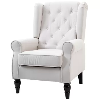 HOMCOM Scaun Decorativ Capitonat cu Spatar Inalt, Cotiere Rotunjite Captusite si Sezut cu Captuseala Groasa, Alb Crem imagine