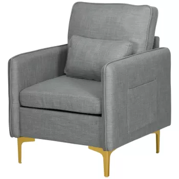 HOMCOM Scaun Decorativ din Stofa, Fotoliu, Fotoliu Modern pentru Camera de Zi cu 4 Picioare din Otel, 2 Buzunare Laterale, Captuseala Groasa, pentru Dormitor, Gri imagine