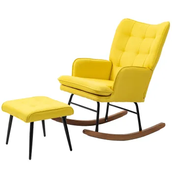 HOMCOM Scaun Fasnait cu Taburet Design Scandinav, Scaun Fasnait cu Taburet, Lemn de Fag, Captuseala, 64 cm x 89 cm x 90 cm Galben | Aosom Romania imagine