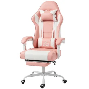 HOMCOM Scaun Gamer cu masaj lombar cu vibratii Reclinabil 155? Inaltime Reglabila Tetiera si Suport Picioare Retractabil Roz | Aosom Romania imagine