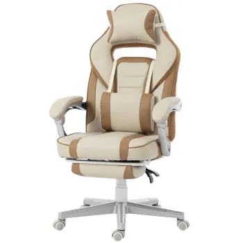 HOMCOM Scaun Gamer Rabatabil cu Inaltime Reglabila Suport Picioare Retractabil Suport Lombar si Tetiera Demontabila Crema | Aosom Romania imagine