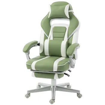 HOMCOM Scaun Gamer Reclinabil cu Inaltime Reglabila Suport pentru Picioare Retractabil Suport Lombar si Tetiera Detasabila Verde | Aosom Romania imagine