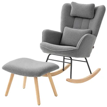 HOMCOM Scaun leagan cu taburet, husa fleece moale, picioare din lemn, perna, spatar inalt, fotoliu leagan, gri inchis | Aosom Romania imagine
