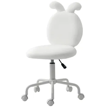 HOMCOM Scaun tapitat cu urechi de iepure, Scaun de birou cu role, rotativ, blana artificiala, Alb | Aosom Romania imagine