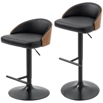HOMCOM Scaune de Bar Set 2 buc., Scaun de Bar Tapitat din Otel si Lemn Masiv, Inaltime Reglabila pentru Bucatarie cu Suport pentru Picior, Rotativ 360?, Scaun de Bar pentru Bucatarie, Sufragerie, Sala de Mese, Negru+Cafea | Aosom Romania imagine