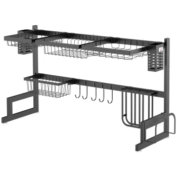 HOMCOM Scurgator de vase 2 nivele suport pentru cutit suport pentru placha de taiat 93 x 30 x 52,5 cm otel negru | Aosom Romania imagine