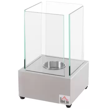 HOMCOM Semineu cu bioetanol de masa cu arzator de 0.4L, semineu din otel si sticla pentru spatii interioare si exterioare, 20x20x33cm, argintiu imagine