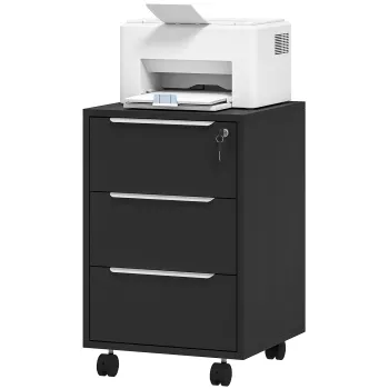 HOMCOM Sertar de birou cu roti cu 3 sertare si lacat, mobilier depozitare birou pe roti, 40 x 40 x 63,5 cm, negru | Aosom Romania imagine